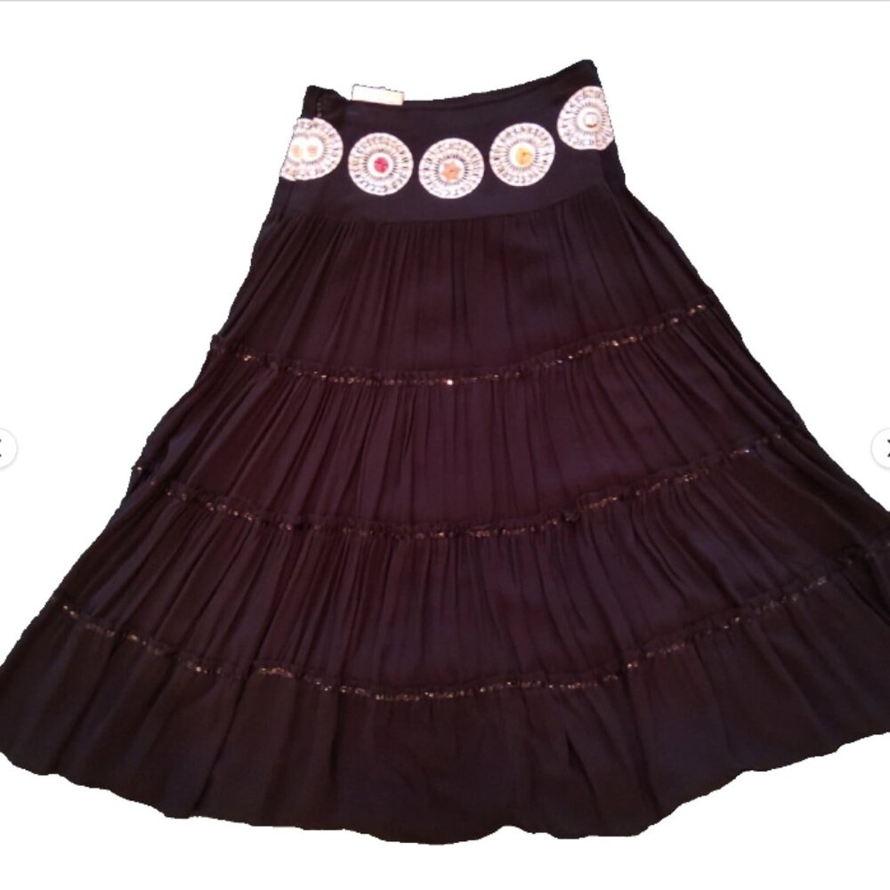 Haven Bleu Anthropologie Black Multi Layered Sequins Boho Maxi Skirt Size S  NWT